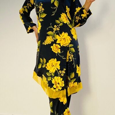 Silk flower printed 2-piece suit